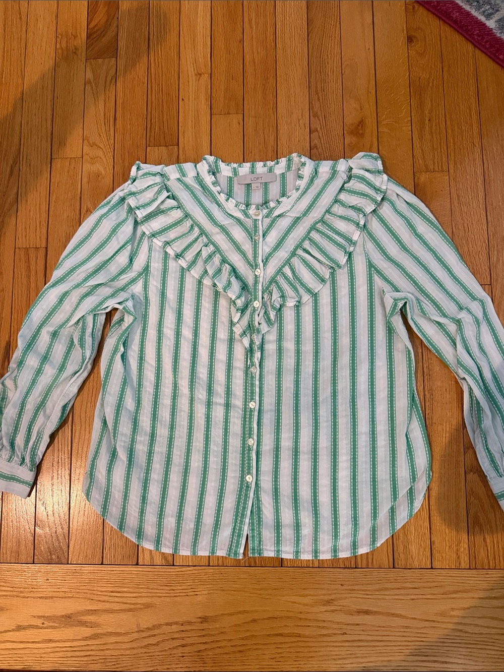 LOFT Girls Green & White Striped Ruffle Front Button-Up Top